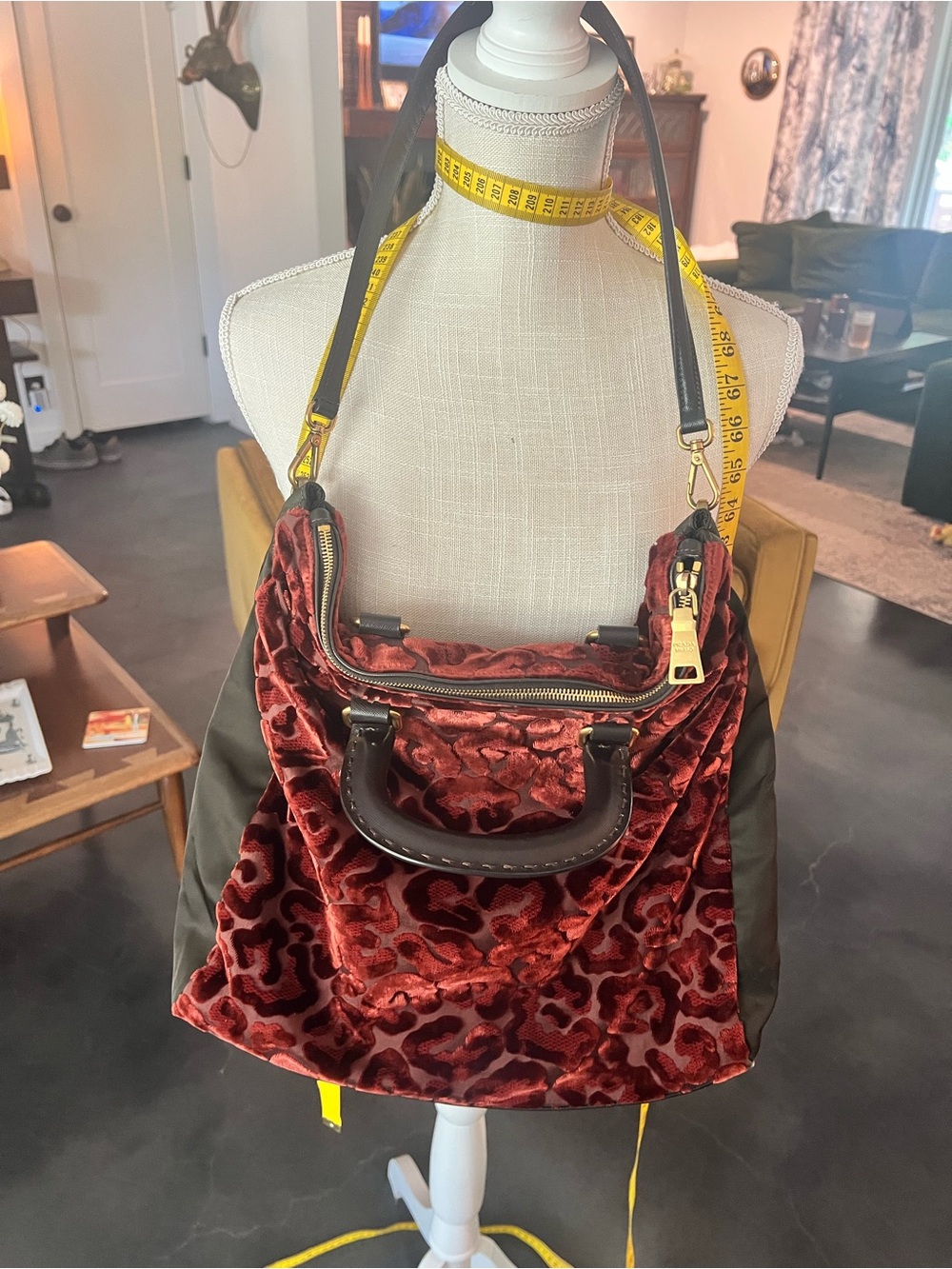 Prada Velvet Leopard-Print Tote Bag with Leather Handles - Red